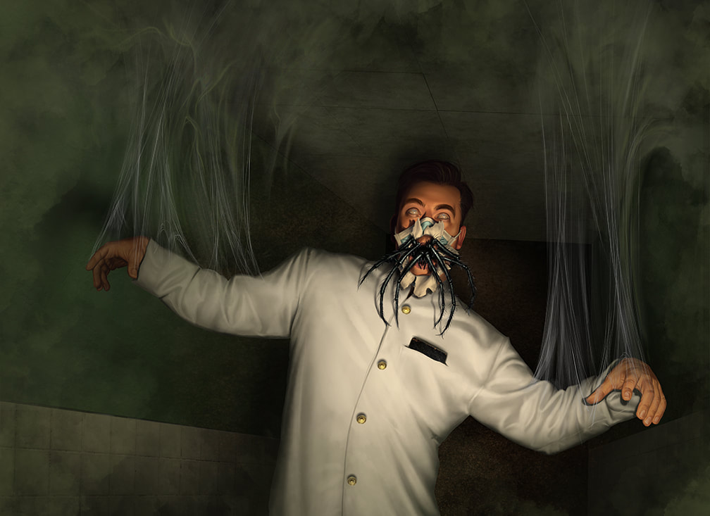 An illustration for The Dream Eaters: A white male orderly is suddenly infested and possessed by a dark eldritch power.