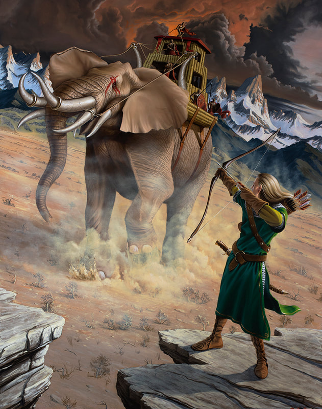 Fantasy painting of Legolas fighting a Mumakil.
