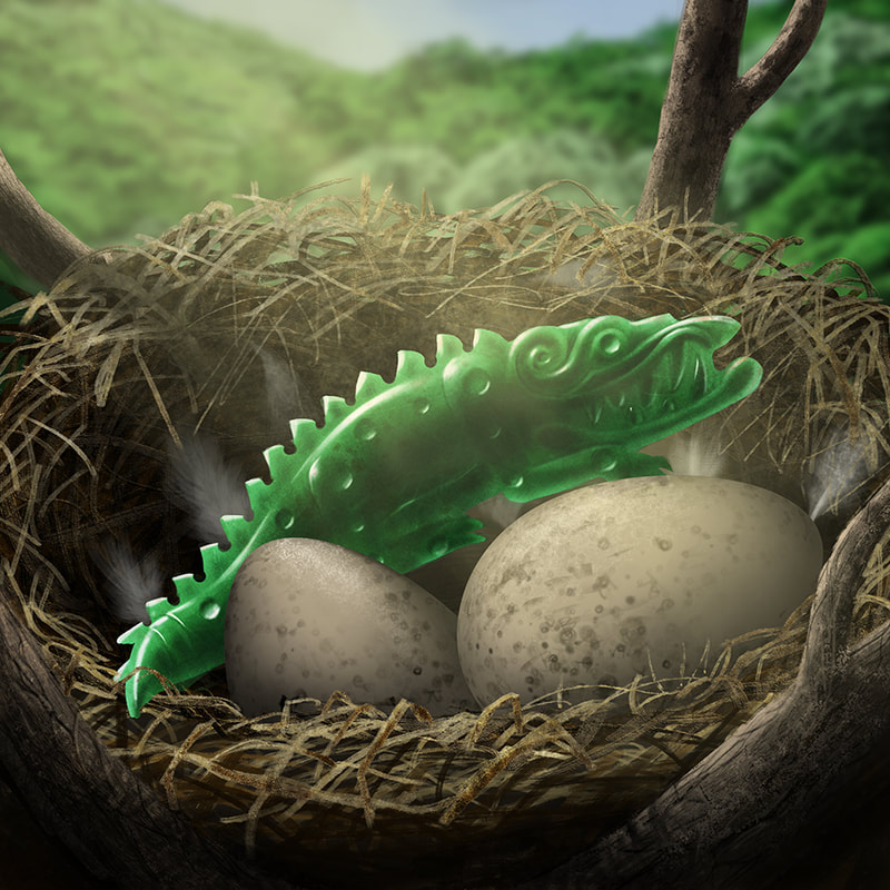 A polished piece of jade carved in the stylized shape of a crocodile lies in a bird's nest in the jungle canopy. The figurine fits in the palm of your hand and is an ancient relic.
