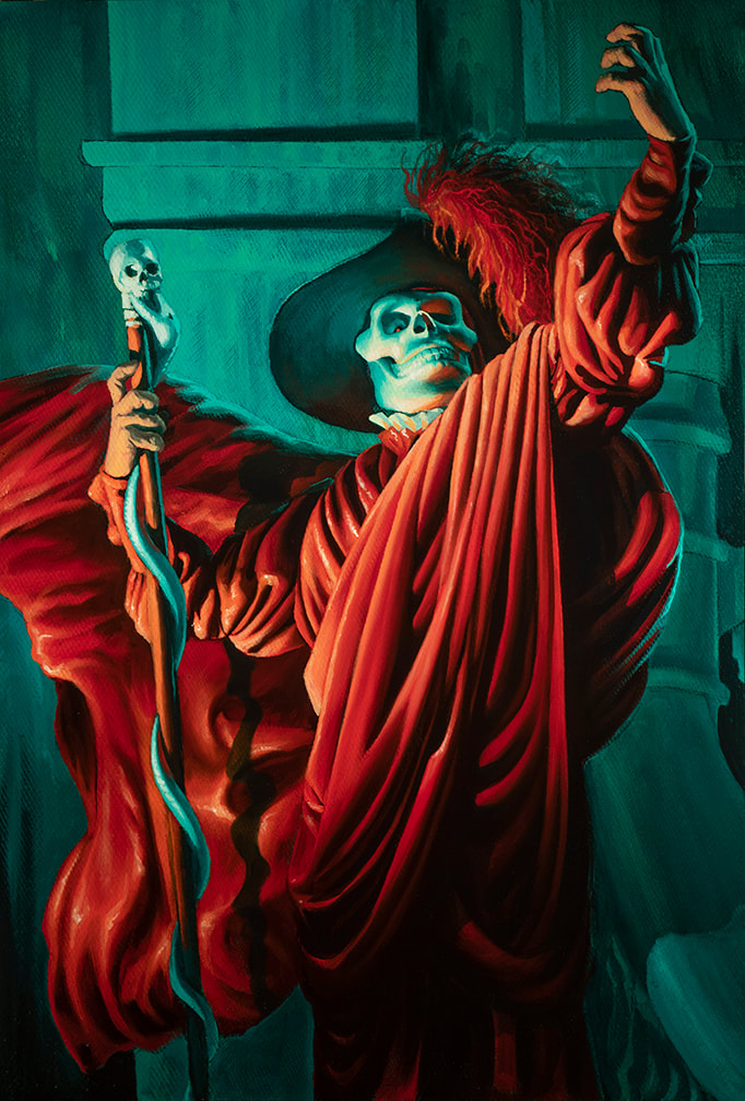 Teal and Red painting of Lon Chaney as the phantom as The Red Death in the 1925 film 