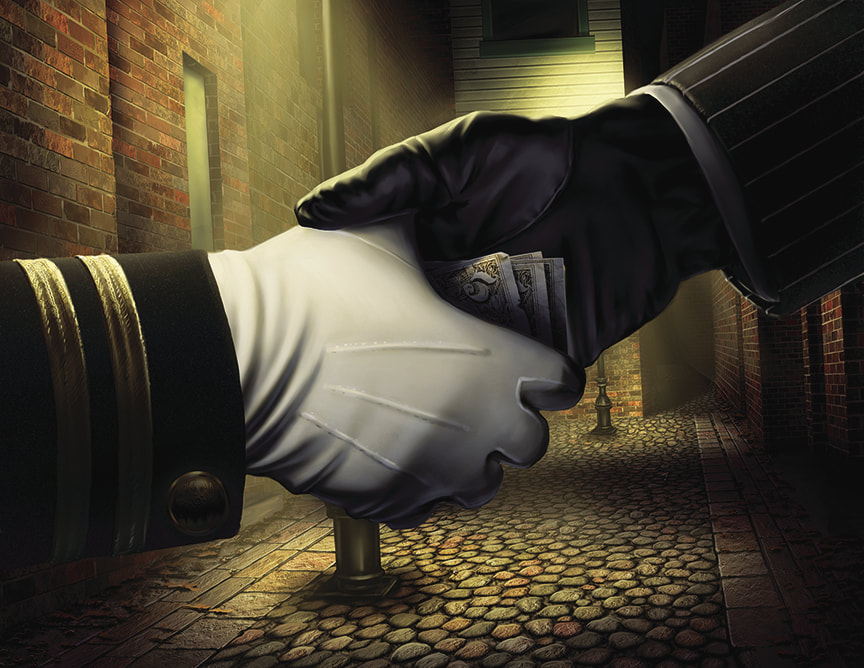 The Circle Undone illustration: A hand wearing a black leather glove shakes a police-officer’s hand, wearing a white police officer's glove. Palmed in the black gloved hand, we see a few 5 dollar bills. It is obvious that this handshake is really a bribe. Streets of Arkham.