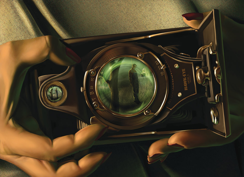 An illustration for The Circle Undone: A hawkeye camera is being used to take a picture. In the small lens of the camera, the reflection of a man hanging from an oak tree can be seen.