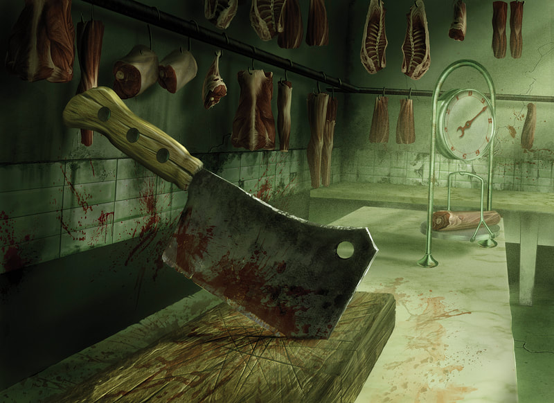 The Circle Undone Illustration: A large meat cleaver is embedded in a wooden cutting board. In the background, blood is splattered gratuitously on the walls.
