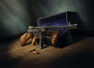 A .45 Thompson leans against its empty carrying case, lying on a dusty wooden floor.
