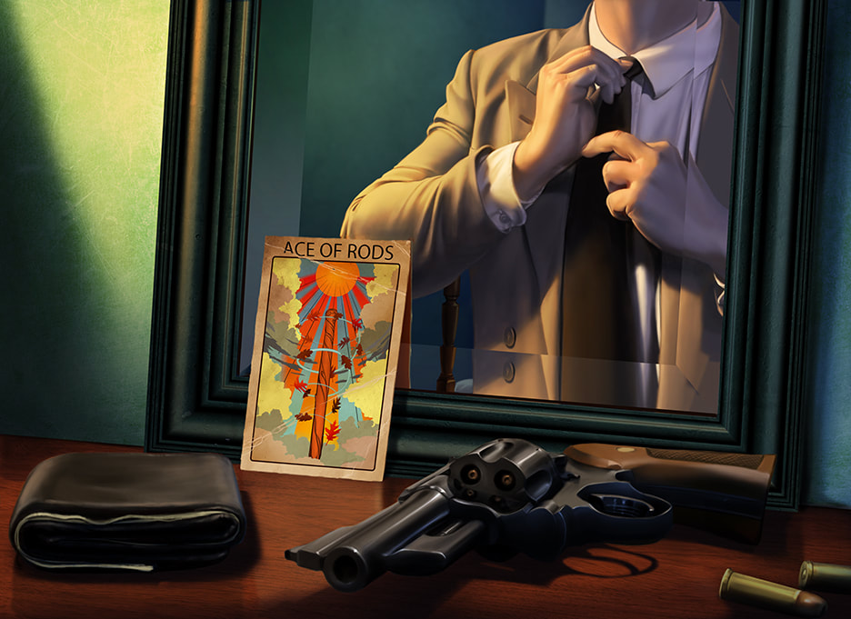 Arkham Horror Illustration: The Ace of Rods tarot card leans upright against a mirror on a desk.
 In the mirror’s reflection, we see a man in a gray suit, straightening his tie.