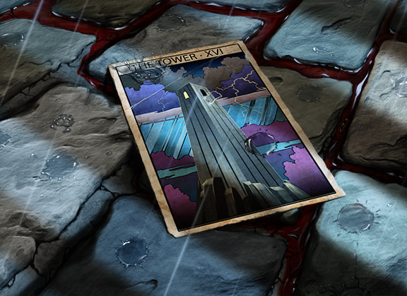 The Tower tarot card lies on the ground among several cobblestones, abandoned and forgotten. Nearby, a trail of blood courses through the stones.