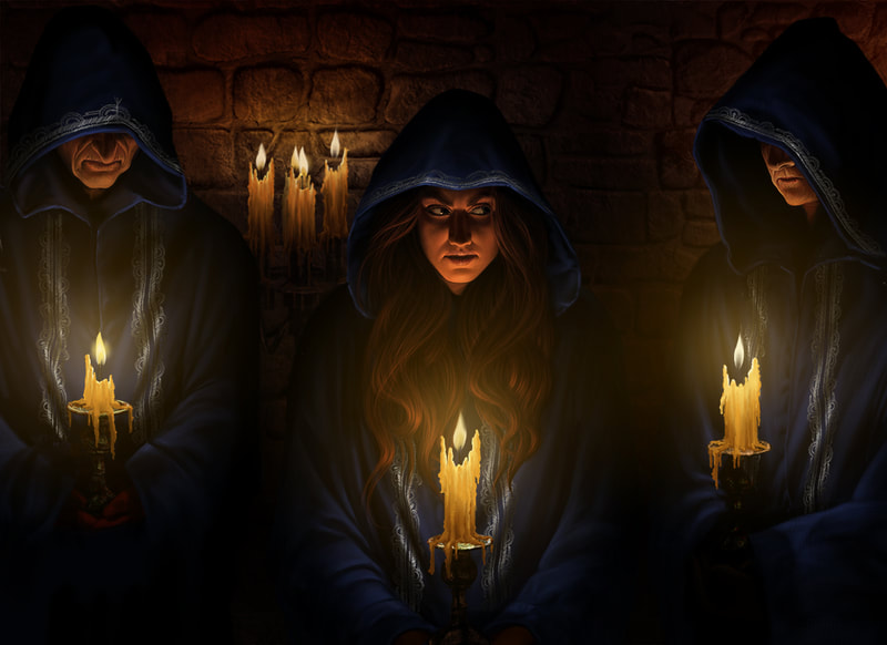 An illustration of Diana Stanley undercover in an occult cult meeting. 