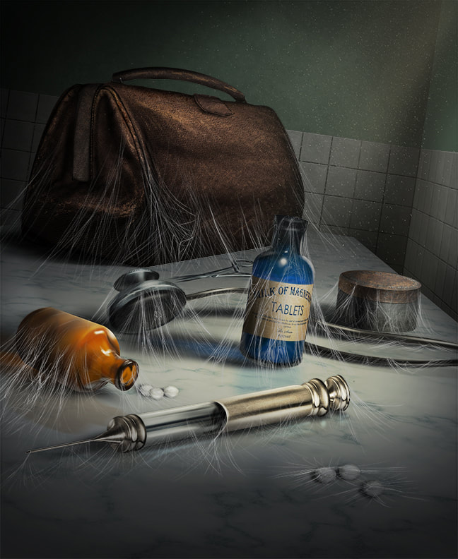 An assortment of medical supplies rests on a counter. A layer of spiderwebs covers the supplies.