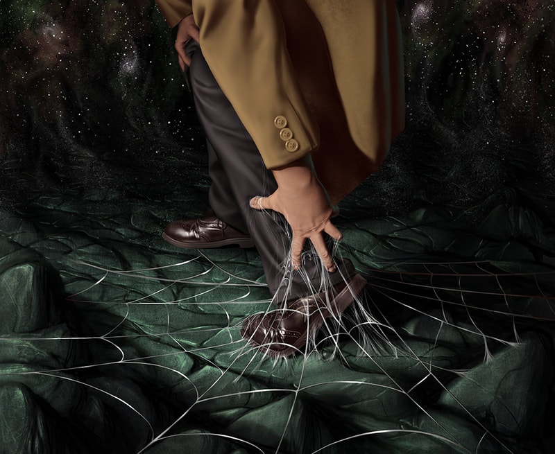An illustration for Arkham Horror of a male investigator’s feet have become hopelessly enmeshed in a sticky spiderweb