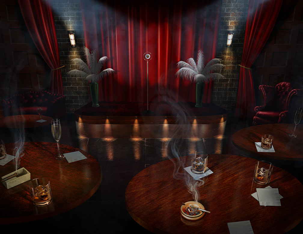 A dim and smoky performance area in a 1920s speakeasy.