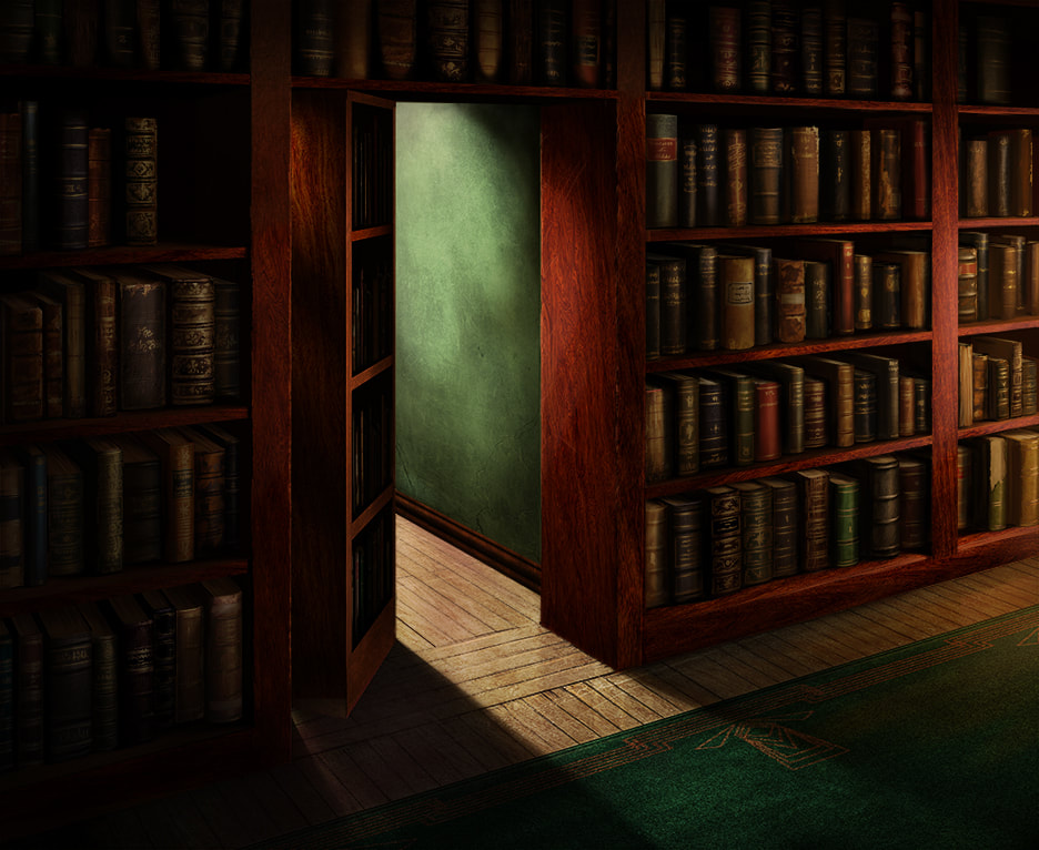 In a dark wooden hallway, we see a bookshelf sliding to the side, revealing a hidden passage in the wall behind it. Light emits from the passage beyond.