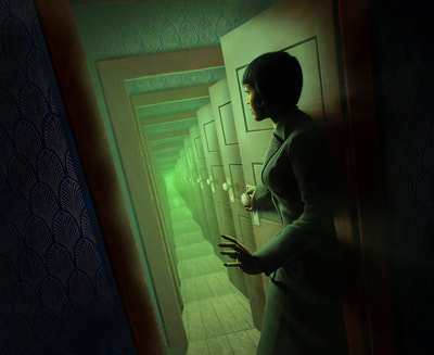 Return to the Dunwich Legacy illustration. An investigator opens a wooden door, and beyond the threshold of
 the doorway, we see a near-infinite number of the same open doorway.