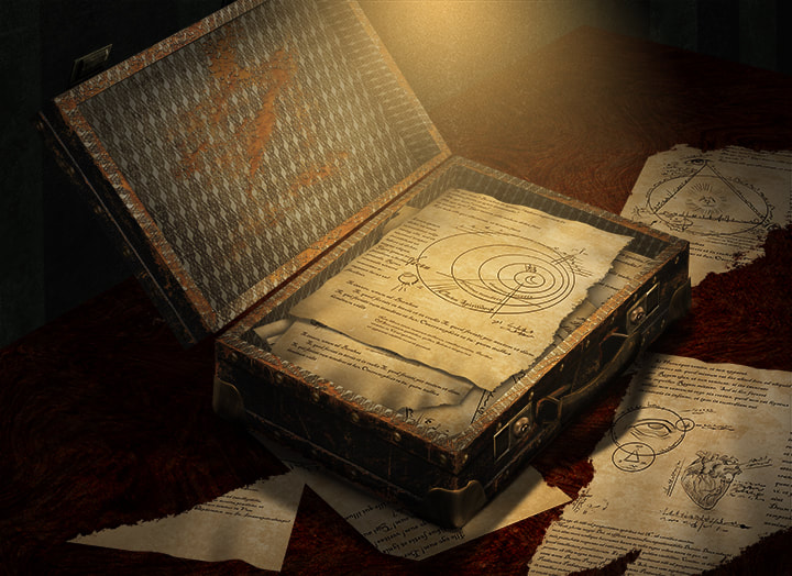 A stack of paper scraps lies in an open briefcase, covered in latin writing, strange diagrams, and arcane markings.