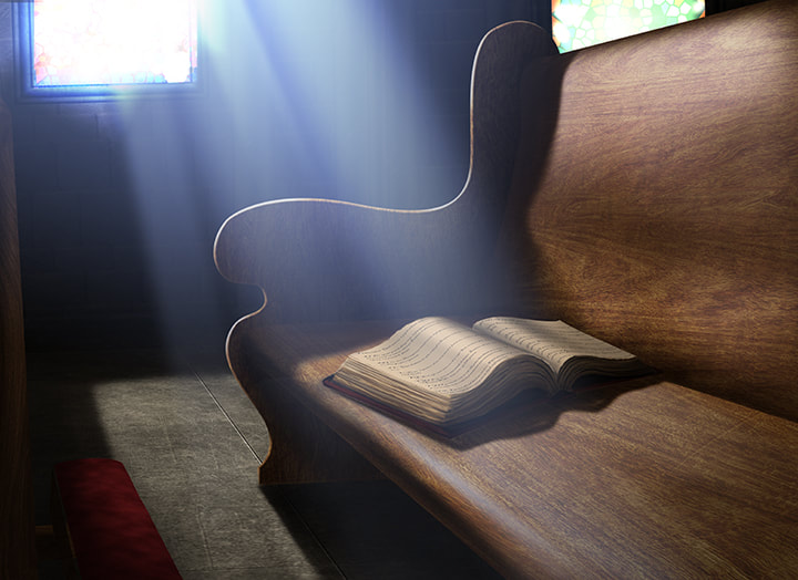 A hardcover book of psalms lies open on a church pew.