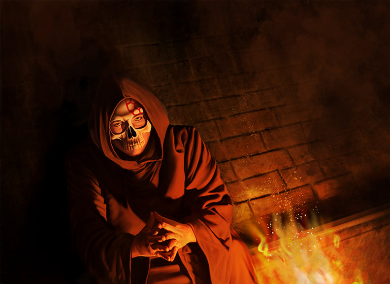 A robed figure wearing a skull mask sits hunched by a fire in a sewer.