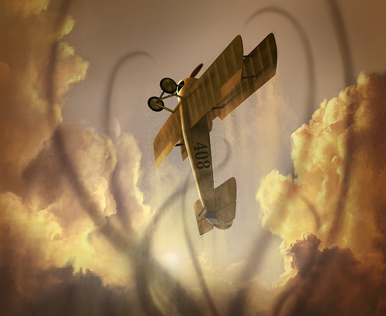 Winifred’s “Tommy” (Thomas Morse S-4) biplane flies directly upwards into the air, soaring high as the clouds. Below her, tendrils of shadow are reaching up towards the plane.