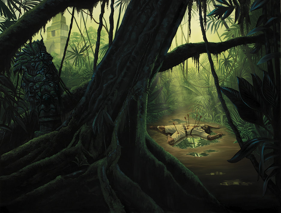  In a rainforest concealing Aztec ruins, a man's corpse lies riddled with arrows.