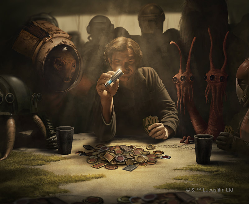 Young Han Solo holds vial of coaxium hyperfule in the middle of a game of sabacc gambling for the millenium falcon.