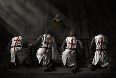 Four Crusaders hear mass before battle.