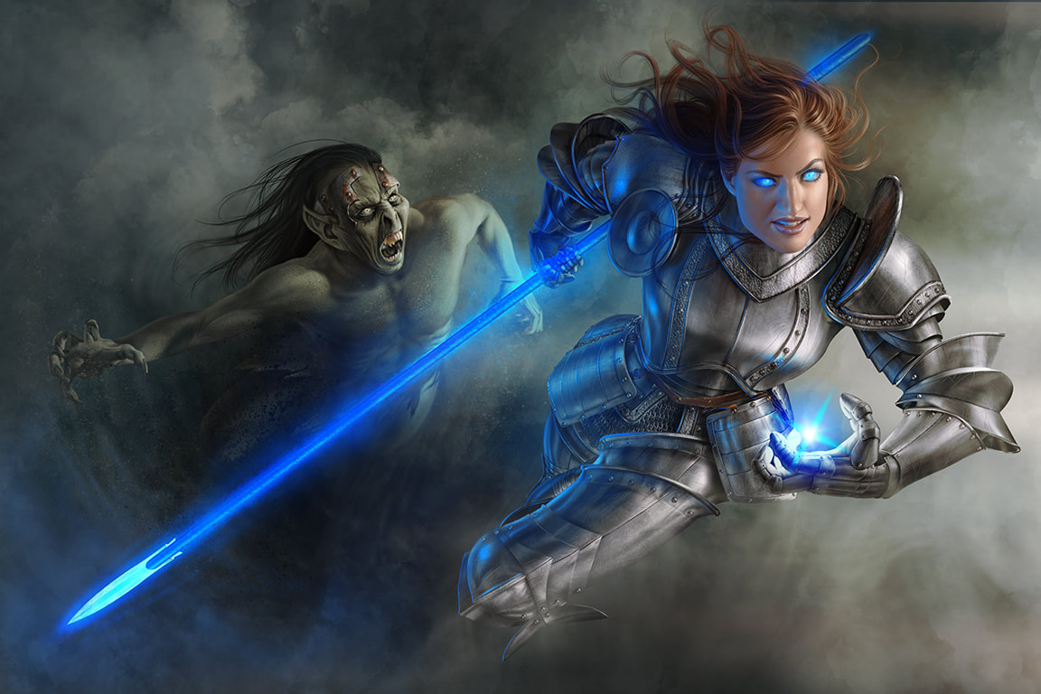 Fantasy Illustration of a female knight fighting a magical goblin.