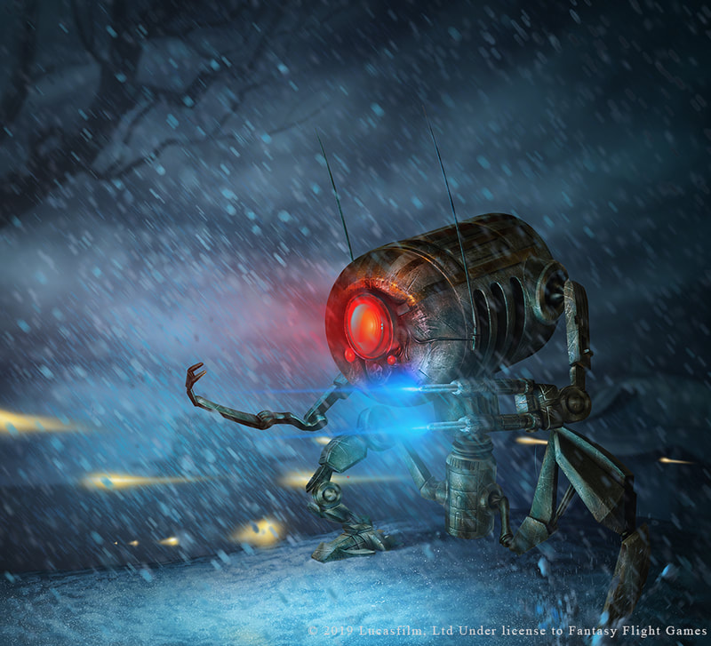 Illustration of an LR-57 Combat Droid shooting blue blasters in the snow.