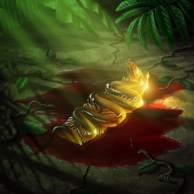 A polished piece of citrine carved in the stylized shape of a serpent lies in a pool of blood on the jungle floor. The figurine fits in the palm of your hand and is an ancient relic.