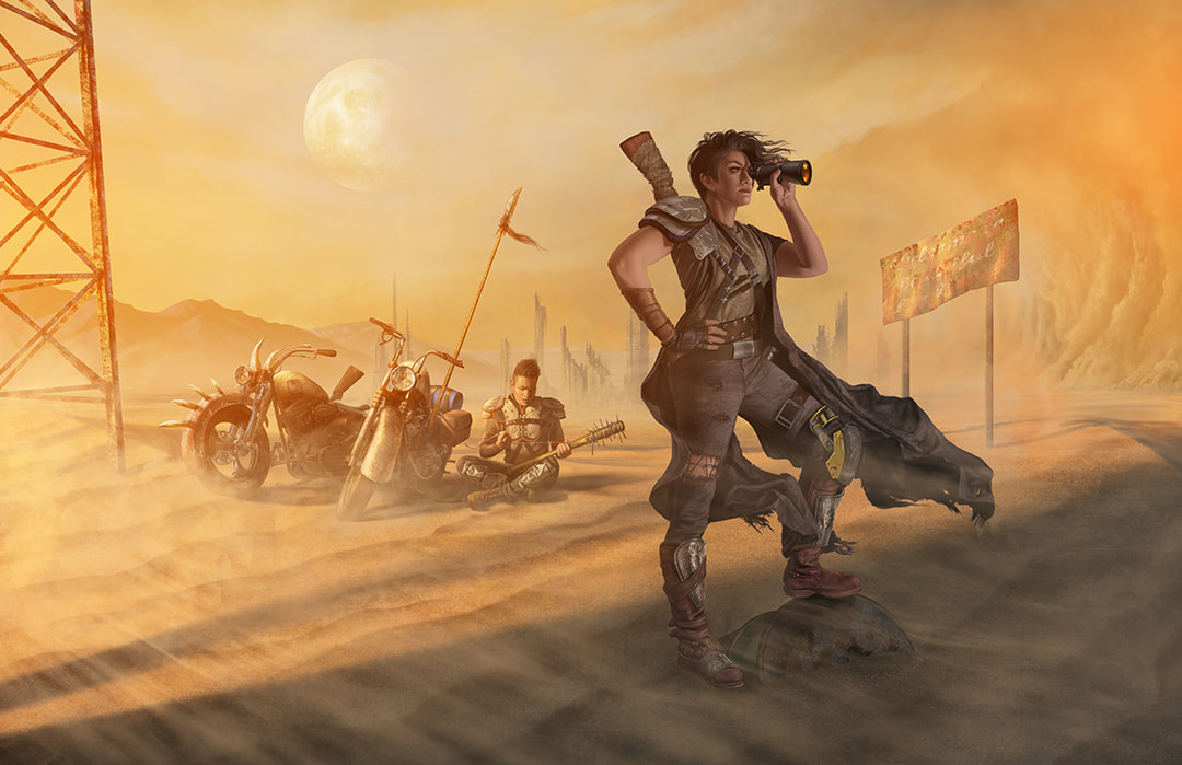 An Asian male and Hispanic female wasteland wanderer stand and sit next to their scavenged motorcycles in the midst of a barren desert.