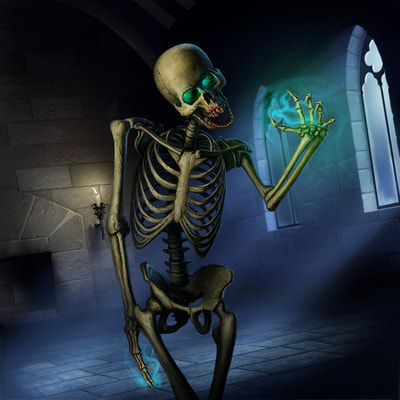 A human skeleton animated by dark magic. The bones are yellowed and old, and bare of any flesh. The power that animated the bones still lingers in its empty eye sockets, and around the sharp fingers. The teeth have cracked into sharp edges, and have been stained with fresh blood. The skeleton is walking upright through a dark stone room with arched windows letting in the moon's light.