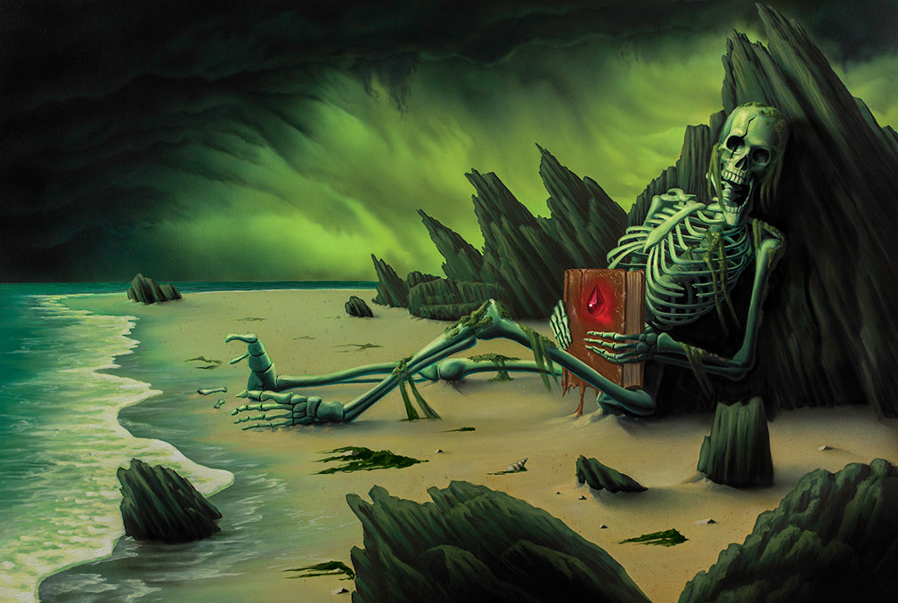 A Skeleton lies on a beach with a book in its hands. An illustration for "Omens of the Deep"