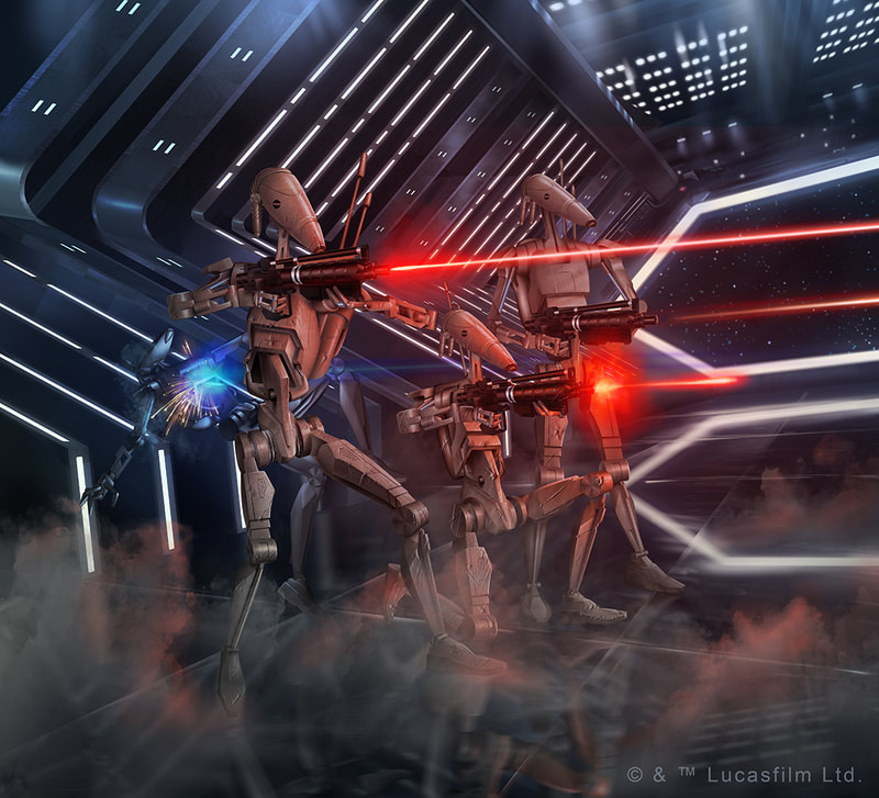 Spark of Hope Booster Pack: Star Wars Destiny illustration of a group of B1 battle droids firing their E5 blaster rifles at an unseen target.
