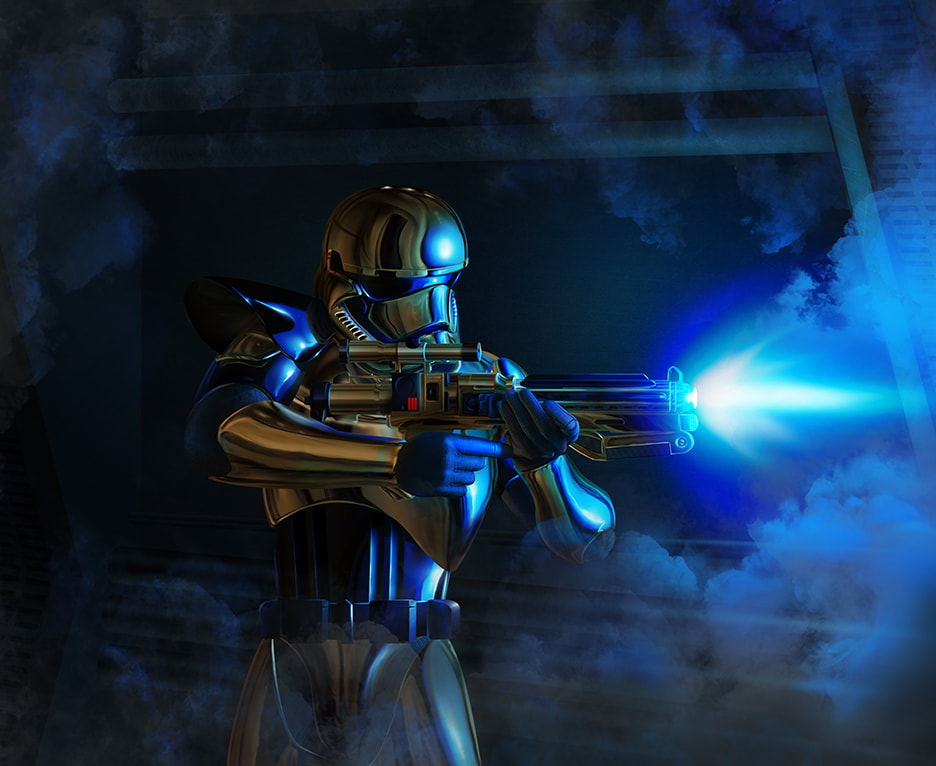 An illustration of gold stormtrooper Pyre shooting blue blaster