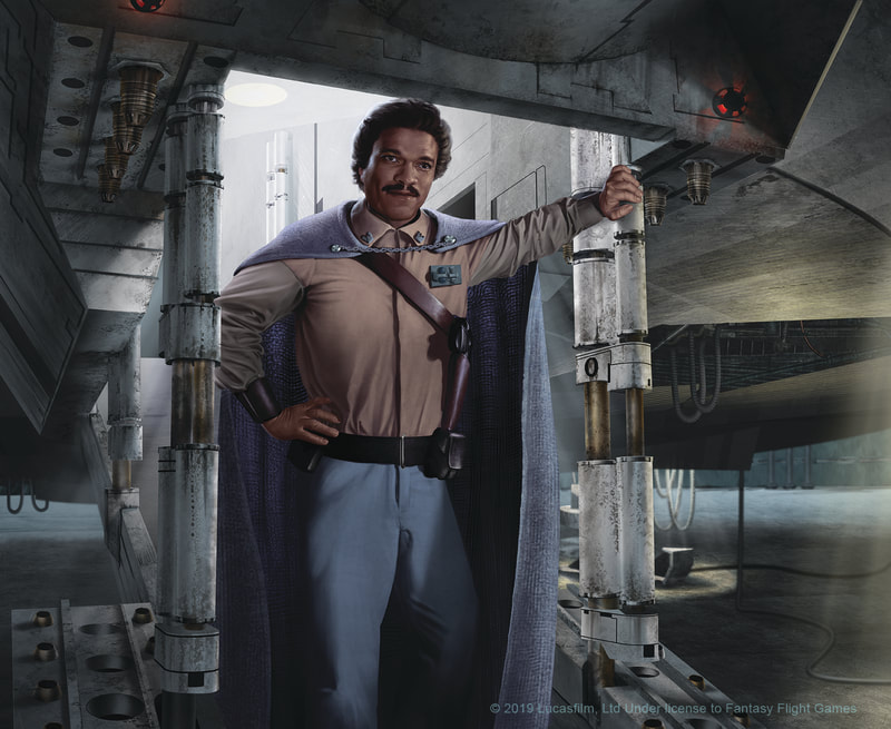 An illustration of Lando Calrissian stepping out on the ramp of the Millenium Falcon. 