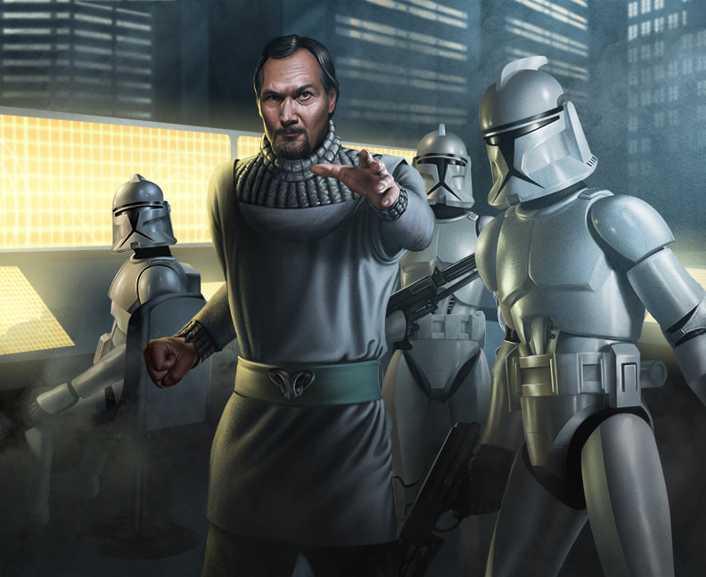 Senator Bail Organa directs Clone Troopers in a forward command center.
