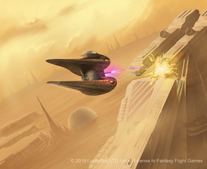 A Nantex-class starfighter strafing the bridge of a Republic Assault
 Cruiser. Both ships are in the skies of Geonosis.