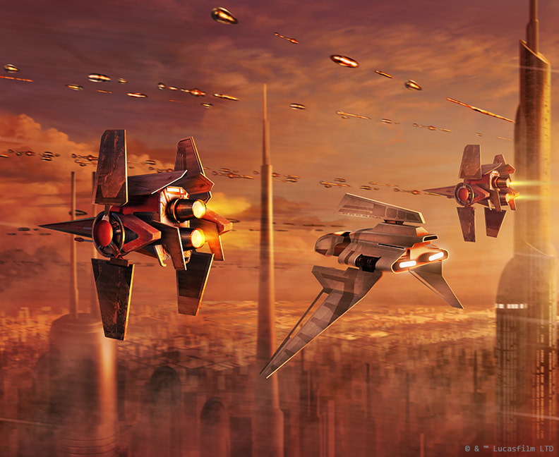Two V-wing Starfighters escort a Theta-class Shuttle over Coruscant.