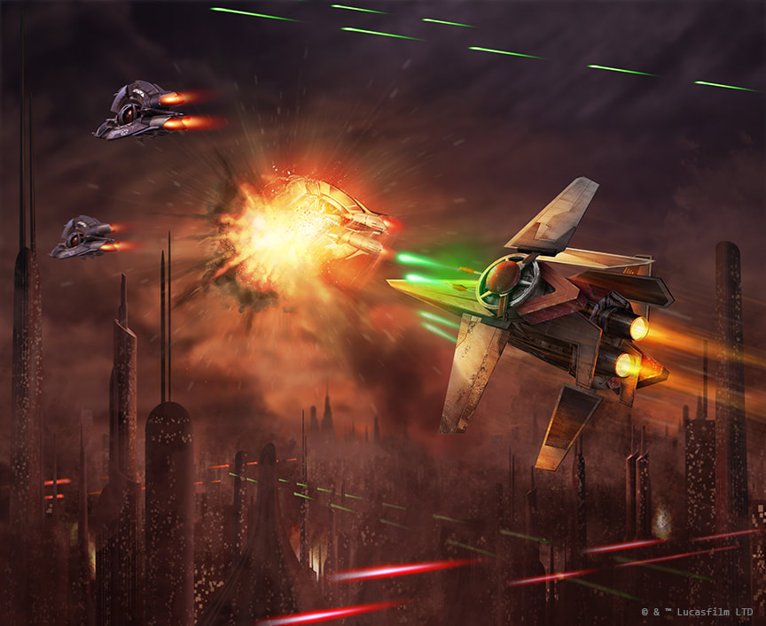 A V-wing destroys a Droid Tri-Fighter during the Battle of Coruscant.