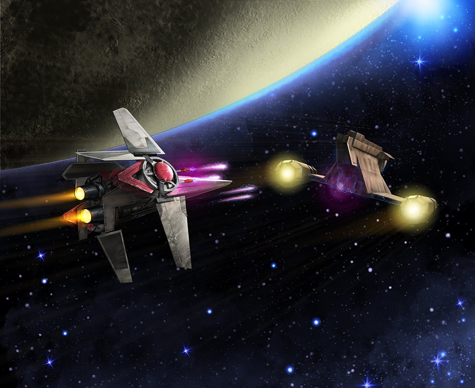  An illustration of a  V-wing Starfighter with a black trim paint scheme fires blue ion bolts at a Zygerrian Slave Ship