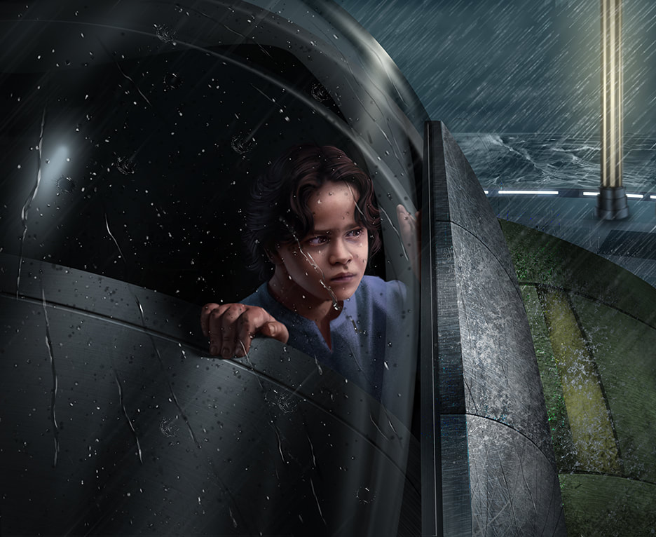 Child Boba Fett peering over the edge of the Slave I’s cockpit in the rain.