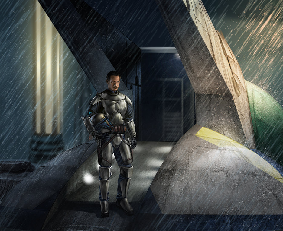 Jango Fett standing on the ramp of the Slave I, wearing his armor but with his helmet tucked under one arm.