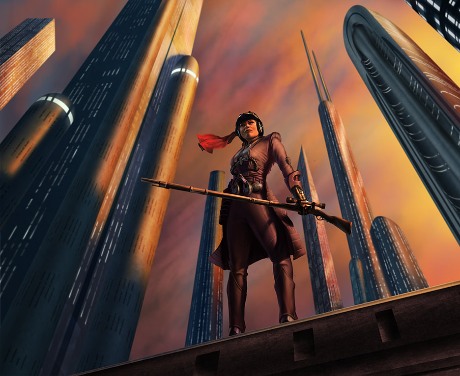 Zam Wesell in her human form standing on the ledge of a Coruscant skyscraper at night.