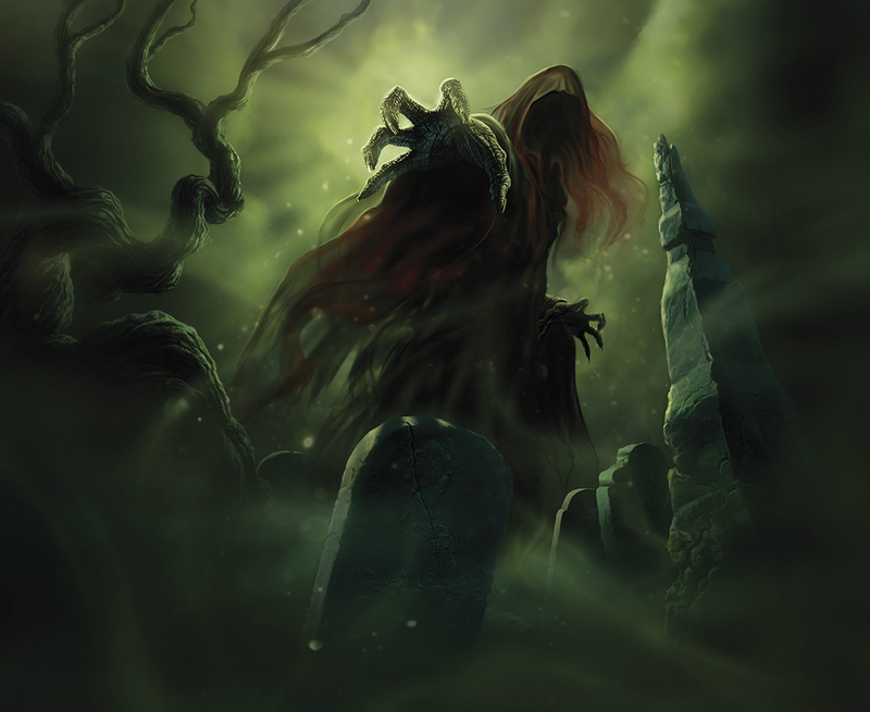 A horror illustration of The Watcher reaching out menacingly at the viewer with its blackened hand. It is a spectral being from another realm, with “skin” that appears blackened and charred. It appears to be wearing a hooded robe made entirely of black and red mist, and coiled shadows.