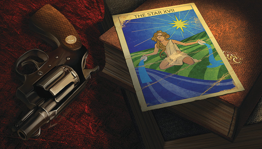 Arkham Horror Illustration: A tarot card lies atop a stack of two or three leatherbound books. A small pistol rests on the table next to the volumes.